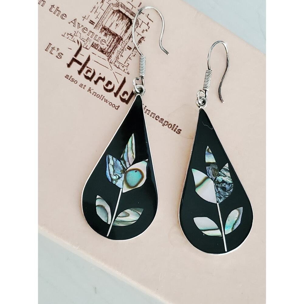 Vintage Sterling Silver Black Enamel & Abalone Shell Dangle Drop Earrings